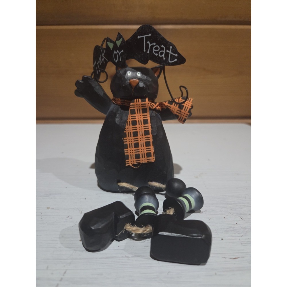 Vintage Wooden Black Cat Shelf Sitter Halloween Dangly Legs Trick Or Treat ZD2